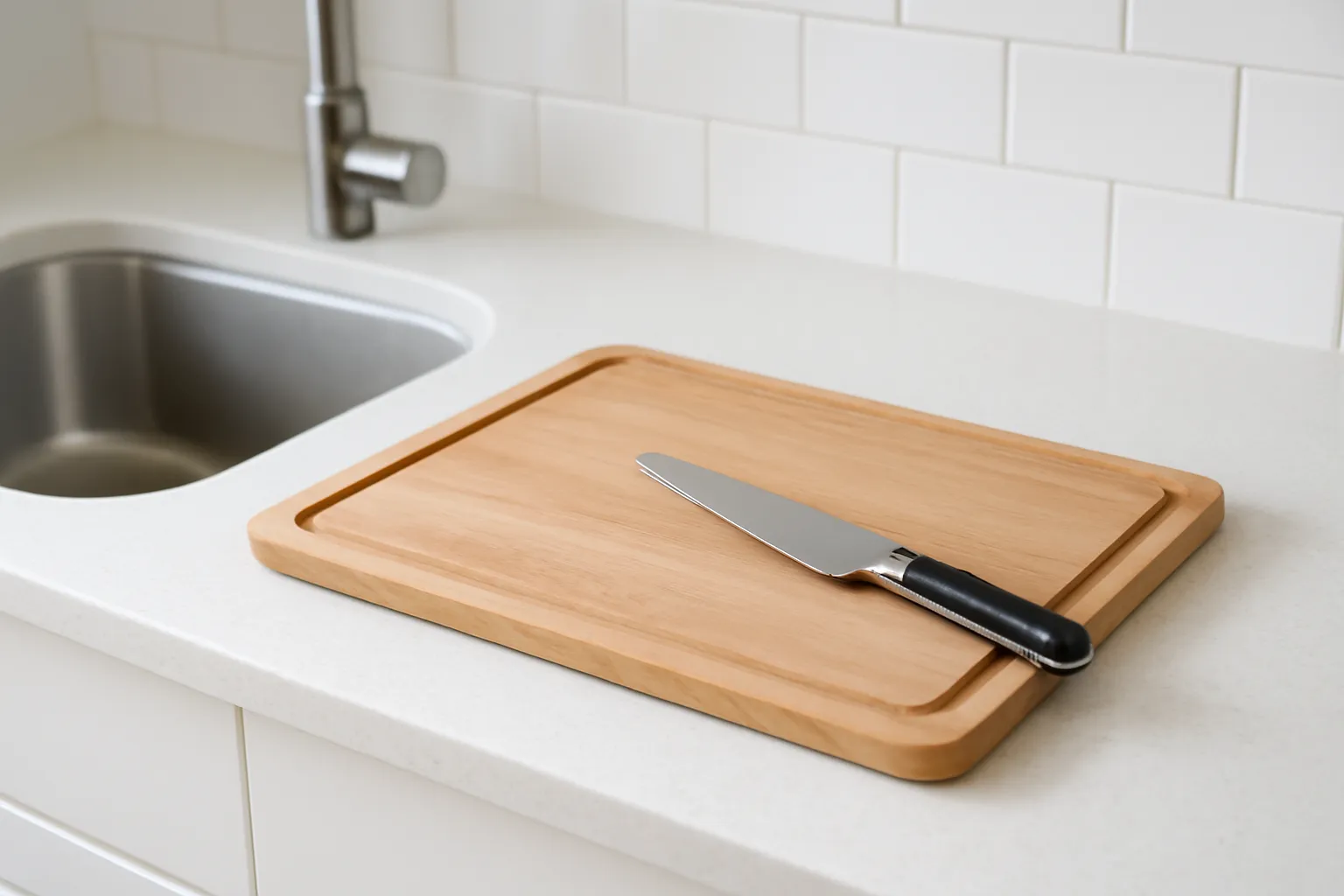 Mặt bếp sạch với thớt và dao đã rửa úp cạnh bồn