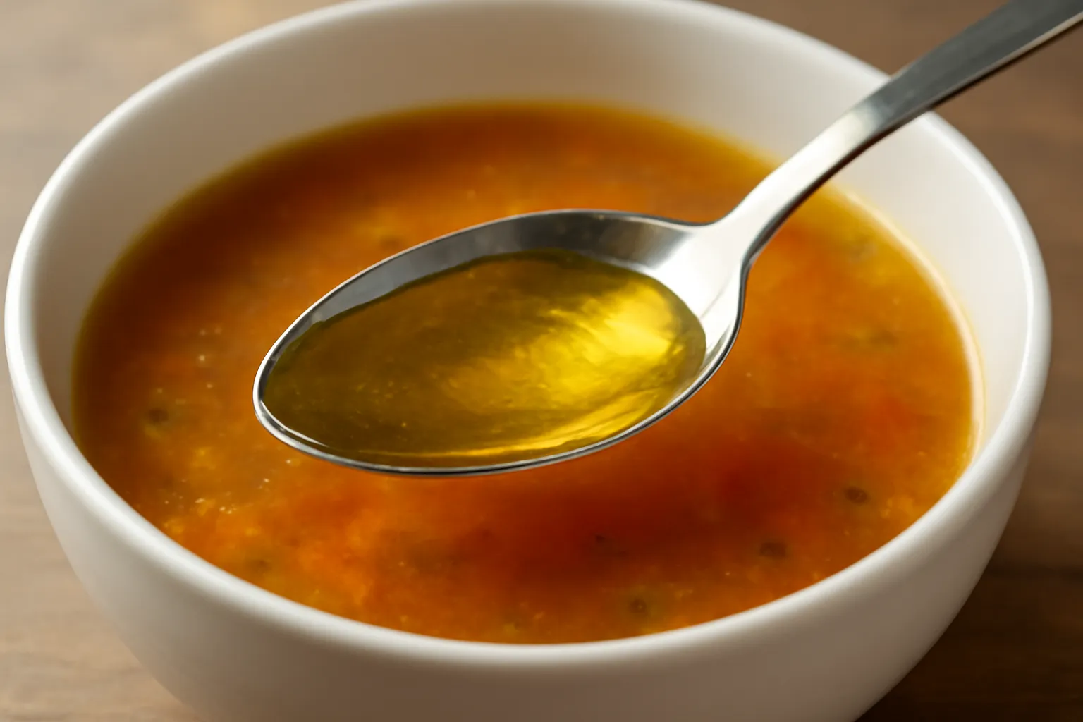 Thìa hớt lớp dầu nổi trên mặt bát canh