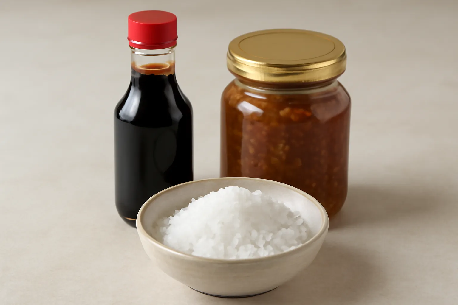 Bát muối hạt để cạnh chai nước tương và hũ tương hột