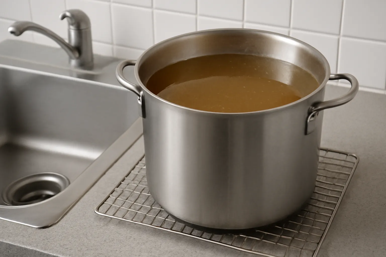 Nồi nước dùng nguội đặt trên giá inox cạnh bồn rửa