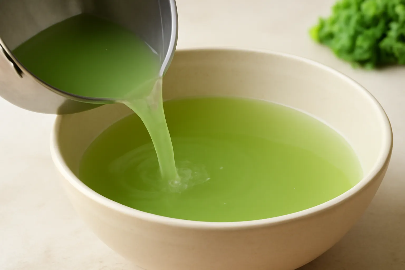 Nồi nước luộc rau màu xanh nhạt được chắt sang bát tô