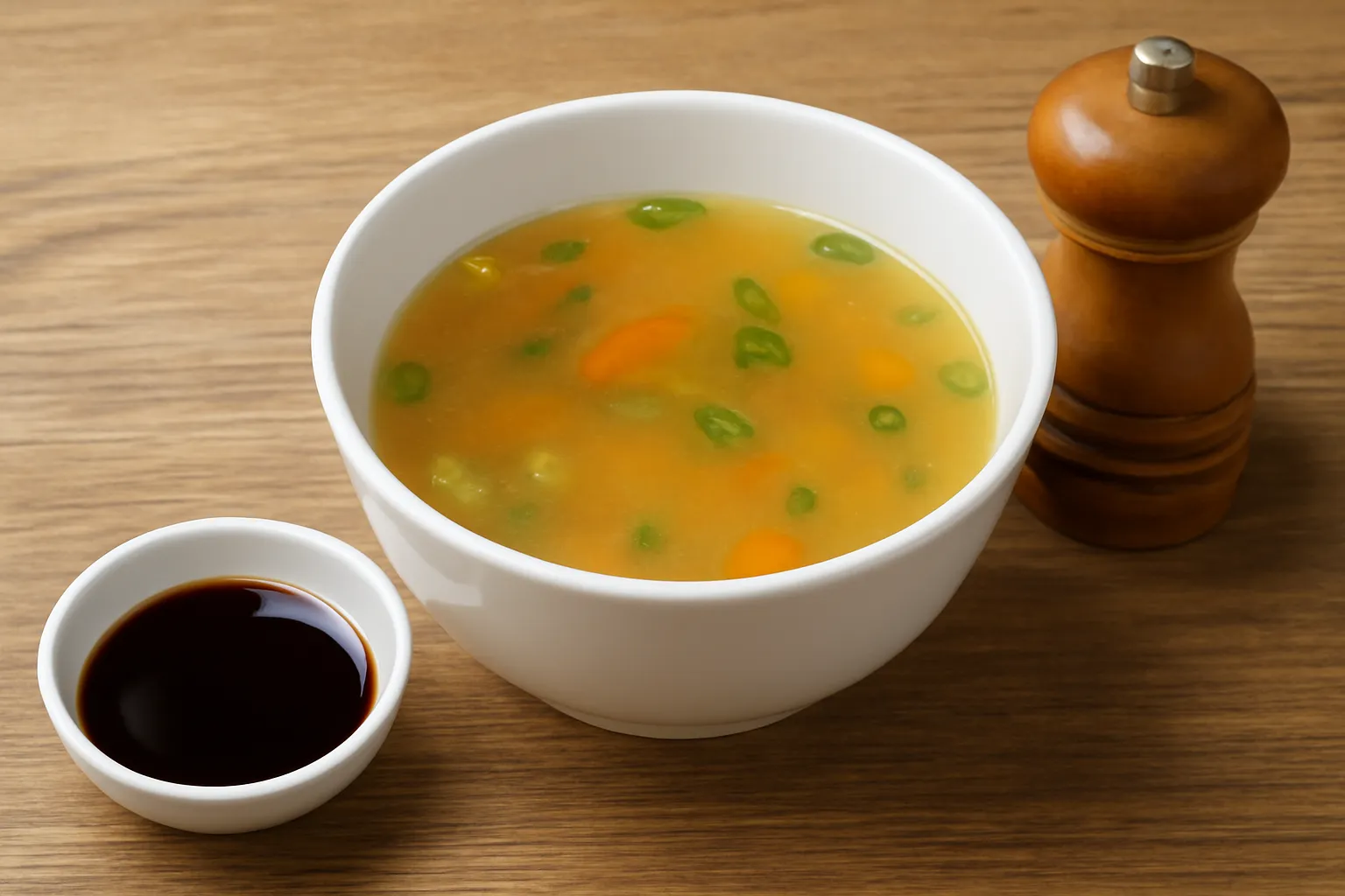 Bát canh rau củ trong veo đặt cạnh chén nước tương và lọ tiêu